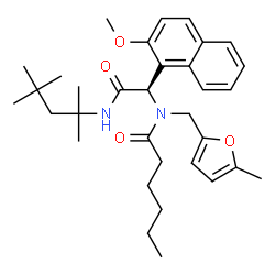 ChemSpider 2D Image | N-{(1R)-1-(2-Methoxy-1-naphthyl)-2-oxo-2-[(2,4,4-trimethyl-2-pentanyl)amino]ethyl}-N-[(5-methyl-2-furyl)methyl]hexanamide | C33H46N2O4