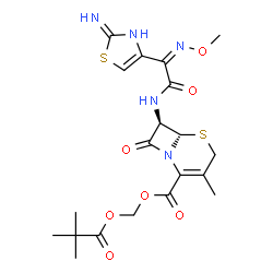 ChemSpider 2D Image | [(2,2-Dimethylpropanoyl)oxy]methyl (6S,7R)-7-{[(2Z)-2-(2-amino-1,3-thiazol-4-yl)-2-(methoxyimino)acetyl]amino}-3-methyl-8-oxo-5-thia-1-azabicyclo[4.2.0]oct-2-ene-2-carboxylate | C20H25N5O7S2
