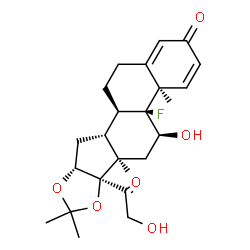 ChemSpider 2D Image | (4aR,4bS,5S,6aR,6bR,9aR,10aR,10bR)-4b-Fluoro-6b-glycoloyl-5-hydroxy-4a,6a,8,8-tetramethyl-4a,4b,5,6,6a,6b,9a,10,10a,10b,11,12-dodecahydro-2H-naphtho[2',1':4,5]indeno[1,2-d][1,3]dioxol-2-one | C24H31FO6