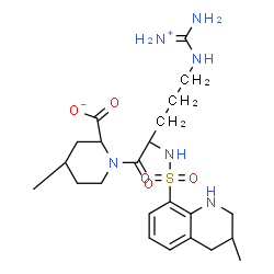 ChemSpider 2D Image | (2S,4S)-1-(N~5~-[Amino(iminio)methyl]-N~2~-{[(3R)-3-methyl-1,2,3,4-tetrahydro-8-quinolinyl]sulfonyl}-L-ornithyl)-4-methyl-2-piperidinecarboxylate | C23H36N6O5S