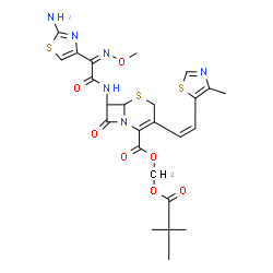 ChemSpider 2D Image | [(2,2-Dimethylpropanoyl)oxy]methyl (6S,7S)-7-{[(2Z)-2-(2-amino-1,3-thiazol-4-yl)-2-(methoxyimino)acetyl]amino}-3-[(Z)-2-(4-methyl-1,3-thiazol-5-yl)vinyl]-8-oxo-5-thia-1-azabicyclo[4.2.0]oct-2-ene-2-ca
rboxylate | C25H28N6O7S3