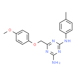 ChemSpider 2D Image | 6-[(4-Methoxyphenoxy)methyl]-N-(4-methylphenyl)-1,3,5-triazine-2,4-diamine | C18H19N5O2
