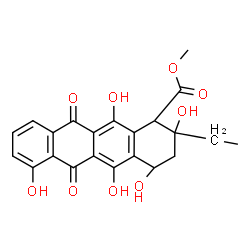 ChemSpider 2D Image | Methyl (1S,2R,4R)-2-ethyl-2,4,5,7,12-pentahydroxy-6,11-dioxo-1,2,3,4,6,11-hexahydro-1-tetracenecarboxylate | C22H20O9