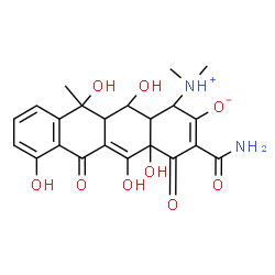 ChemSpider 2D Image | (1S,4aR,11S,11aR,12R,12aR)-3-Carbamoyl-1-(dimethylammonio)-4a,5,7,11,12-pentahydroxy-11-methyl-4,6-dioxo-1,4,4a,6,11,11a,12,12a-octahydro-2-tetracenolate | C22H24N2O9