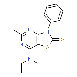 ChemSpider 2D Image | 7-(Diethylamino)-5-methyl-3-phenyl[1,3]thiazolo[4,5-d]pyrimidine-2(3H)-thione | C16H18N4S2