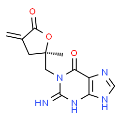 ChemSpider 2D Image | 2-Amino-1-{[(2R)-2-methyl-4-methylene-5-oxotetrahydro-2-furanyl]methyl}-1,9-dihydro-6H-purin-6-one | C12H13N5O3