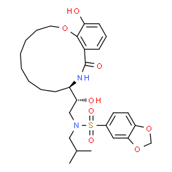 ChemSpider 2D Image | N-{(2R)-2-Hydroxy-2-[(10R)-16-hydroxy-12-oxo-3,4,5,6,7,8,9,10,11,12-decahydro-2H-1,11-benzoxazacyclotetradecin-10-yl]ethyl}-N-isobutyl-1,3-benzodioxole-5-sulfonamide | C29H40N2O8S