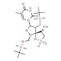 ChemSpider 2D Image | 1-[(5R,6S,8S,9R)-9-{[Dimethyl(2-methyl-2-propanyl)silyl]oxy}-6-({[dimethyl(2-methyl-2-propanyl)silyl]oxy}methyl)-4-imino-2,2-dioxido-1,7-dioxa-2-thiaspiro[4.4]non-8-yl]-5-methyl-2,4(1H,3H)-pyrimidined
ione | C24H43N3O8SSi2