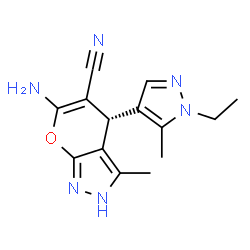 ChemSpider 2D Image | (4R)-6-Amino-4-(1-ethyl-5-methyl-1H-pyrazol-4-yl)-3-methyl-1,4-dihydropyrano[2,3-c]pyrazole-5-carbonitrile | C14H16N6O