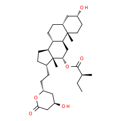 ChemSpider 2D Image | (3alpha,5beta,12alpha,17alpha)-3-Hydroxy-21-[(2R,4R)-4-hydroxy-6-oxotetrahydro-2H-pyran-2-yl]pregnan-12-yl (2S)-2-methylbutanoate | C31H50O6