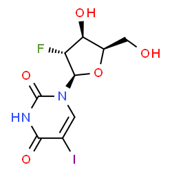 ChemSpider 2D Image | 1-(2-Deoxy-2-fluoro-beta-D-xylofuranosyl)-5-iodo-2,4(1H,3H)-pyrimidinedione | C9H10FIN2O5