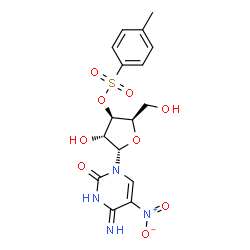 ChemSpider 2D Image | 4-Amino-1-{3-O-[(4-methylphenyl)sulfonyl]-alpha-D-xylofuranosyl}-5-nitro-2(1H)-pyrimidinone | C16H18N4O9S