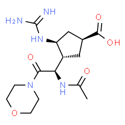 ChemSpider 2D Image | (1S,3S,4S)-3-[(1R)-1-Acetamido-2-(4-morpholinyl)-2-oxoethyl]-4-carbamimidamidocyclopentanecarboxylic acid | C15H25N5O5
