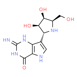 ChemSpider 2D Image | 2-Amino-7-[(2R,3R,4S,5R)-3,4-dihydroxy-5-(hydroxymethyl)-2-pyrrolidinyl]-1,5-dihydro-4H-pyrrolo[3,2-d]pyrimidin-4-one | C11H15N5O4