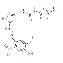 ChemSpider 2D Image | N-(5-Ethyl-1,3,4-thiadiazol-2-yl)-2-({5-[(2E)-2-(4-hydroxy-5-methoxy-2-nitrobenzylidene)hydrazino]-1H-1,2,4-triazol-3-yl}sulfanyl)acetamide | C16H17N9O5S2
