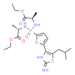 ChemSpider 2D Image | Ethyl (2R,4r,6S)-4-[5-(2-amino-5-isobutyl-1,3-thiazol-4-yl)-2-furyl]-2,6-dimethyl-7-oxo-8-oxa-3,5-diaza-4-phosphadecan-1-oate 4-oxide (non-preferred name) | C21H33N4O6PS