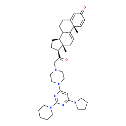 ChemSpider 2D Image | 21-{4-[2-(1-Piperidinyl)-6-(1-pyrrolidinyl)-4-pyrimidinyl]-1-piperazinyl}pregna-1,4,9(11)-triene-3,20-dione | C38H52N6O2