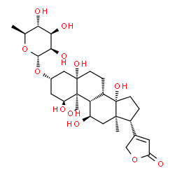 ChemSpider 2D Image | (1beta,3beta,5beta,11alpha)-3-[(6-Deoxy-alpha-L-mannopyranosyl)oxy]-1,5,11,14,19-pentahydroxycard-20(22)-enolide | C29H44O12