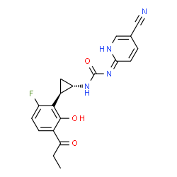 ChemSpider 2D Image | 1-(5-Cyano-2-pyridinyl)-3-[(1S,2R)-2-(6-fluoro-2-hydroxy-3-propionylphenyl)cyclopropyl]urea | C19H17FN4O3