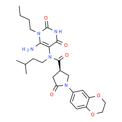 ChemSpider 2D Image | (3R)-N-(6-Amino-1-butyl-2,4-dioxo-1,2,3,4-tetrahydro-5-pyrimidinyl)-1-(2,3-dihydro-1,4-benzodioxin-6-yl)-N-(3-methylbutyl)-5-oxo-3-pyrrolidinecarboxamide | C26H35N5O6