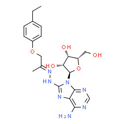 ChemSpider 2D Image | 8-{(2E)-2-[1-(4-Ethylphenoxy)-2-propanylidene]hydrazino}-9-(alpha-L-lyxofuranosyl)-9H-purin-6-amine | C21H27N7O5