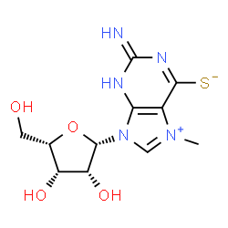 ChemSpider 2D Image | 2-Amino-9-(beta-L-lyxofuranosyl)-7-methyl-9H-purin-7-ium-6-thiolate | C11H15N5O4S