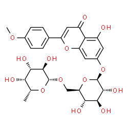 ChemSpider 2D Image | 5-Hydroxy-2-(4-methoxyphenyl)-4-oxo-4H-chromen-7-yl 6-O-(6-deoxy-beta-D-galactopyranosyl)-beta-D-glucopyranoside | C28H32O14