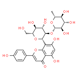 ChemSpider 2D Image | (1S)-1,5-Anhydro-2-O-(6-deoxy-beta-D-glucopyranosyl)-1-[5,7-dihydroxy-2-(4-hydroxyphenyl)-4-oxo-4H-chromen-8-yl]-D-glucitol | C27H30O14