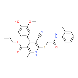 ChemSpider 2D Image | Allyl (4S)-5-cyano-4-(4-hydroxy-3-methoxyphenyl)-2-methyl-6-({2-[(2-methylphenyl)amino]-2-oxoethyl}sulfanyl)-1,4-dihydro-3-pyridinecarboxylate | C27H27N3O5S