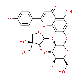 ChemSpider 2D Image | 5-Hydroxy-2-(4-hydroxyphenyl)-4-oxo-4H-chromen-7-yl 2-O-[(2S,3R,4S)-3,4-dihydroxy-4-(hydroxymethyl)tetrahydro-2-furanyl]-alpha-L-idopyranoside | C26H28O14