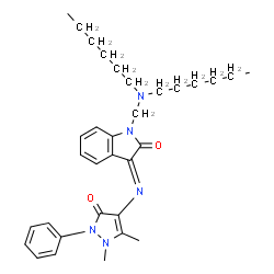 ChemSpider 2D Image | (3E)-1-[(Dihexylamino)methyl]-3-[(1,5-dimethyl-3-oxo-2-phenyl-2,3-dihydro-1H-pyrazol-4-yl)imino]-1,3-dihydro-2H-indol-2-one | C32H43N5O2