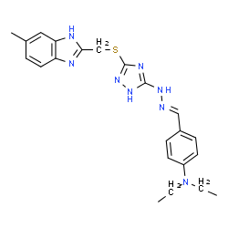 ChemSpider 2D Image | N,N-Diethyl-4-{(E)-[(3-{[(6-methyl-1H-benzimidazol-2-yl)methyl]sulfanyl}-1H-1,2,4-triazol-5-yl)hydrazono]methyl}aniline | C22H26N8S