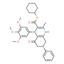 ChemSpider 2D Image | Cyclohexyl (4S,7S)-2-methyl-5-oxo-7-phenyl-4-(3,4,5-trimethoxyphenyl)-1,4,5,6,7,8-hexahydro-3-quinolinecarboxylate | C32H37NO6