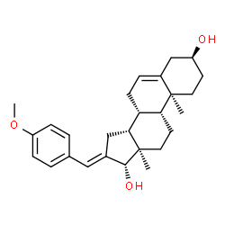 ChemSpider 2D Image | (3beta,9beta,10alpha,13alpha,14beta,16E,17alpha)-16-(4-Methoxybenzylidene)androst-5-ene-3,17-diol | C27H36O3