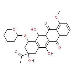 ChemSpider 2D Image | (8S,10S)-8-Acetyl-6,8,11-trihydroxy-1-methoxy-10-[(2S)-tetrahydro-2H-pyran-2-yloxy]-7,8,9,10-tetrahydro-5,12-tetracenedione | C26H26O9