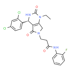 ChemSpider 2D Image | 3-[(4R)-4-(2,4-Dichlorophenyl)-1-ethyl-2,5-dioxo-1,2,3,4,5,7-hexahydro-6H-pyrrolo[3,4-d]pyrimidin-6-yl]-N-(2-fluorophenyl)propanamide | C23H21Cl2FN4O3