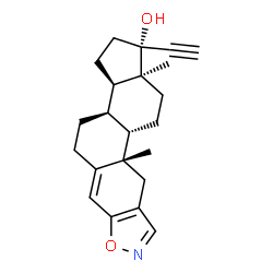 ChemSpider 2D Image | (1R,3aR,3bR,10aS,10bS,12aS)-1-Ethynyl-10a,12a-dimethyl-2,3,3a,3b,4,5,10,10a,10b,11,12,12a-dodecahydro-1H-cyclopenta[7,8]phenanthro[3,2-d][1,2]oxazol-1-ol | C22H27NO2