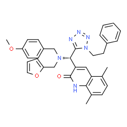 ChemSpider 2D Image | 3-{(S)-[(2-Furylmethyl)(4-methoxybenzyl)amino][1-(2-phenylethyl)-1H-tetrazol-5-yl]methyl}-5,8-dimethyl-2(1H)-quinolinone | C34H34N6O3