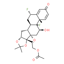 ChemSpider 2D Image | 2-[(4aS,4bR,5S,6aR,6bS,9aR,10aR,10bR,12S)-4b,12-Difluoro-5-hydroxy-4a,6a,8,8-tetramethyl-2-oxo-2,4a,4b,5,6,6a,9a,10,10a,10b,11,12-dodecahydro-6bH-naphtho[2',1':4,5]indeno[1,2-d][1,3]dioxol-6b-yl]-2-ox
oethyl acetate | C26H32F2O7