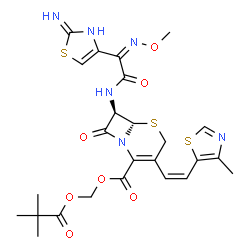 ChemSpider 2D Image | [(2,2-Dimethylpropanoyl)oxy]methyl (6S,7R)-7-{[(2Z)-2-(2-amino-1,3-thiazol-4-yl)-2-(methoxyimino)acetyl]amino}-3-[(Z)-2-(4-methyl-1,3-thiazol-5-yl)vinyl]-8-oxo-5-thia-1-azabicyclo[4.2.0]oct-2-ene-2-ca
rboxylate | C25H28N6O7S3