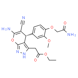 ChemSpider 2D Image | Ethyl {(4S)-6-amino-4-[4-(2-amino-2-oxoethoxy)-3-methoxyphenyl]-5-cyano-2,4-dihydropyrano[2,3-c]pyrazol-3-yl}acetate | C20H21N5O6
