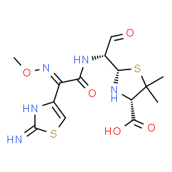 ChemSpider 2D Image | (2S,4S)-2-[(1R)-1-{[(2E)-2-(2-Amino-1,3-thiazol-4-yl)-2-(methoxyimino)acetyl]amino}-2-oxoethyl]-5,5-dimethyl-1,3-thiazolidin-3-ium-4-carboxylate | C14H19N5O5S2