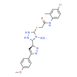 ChemSpider 2D Image | 2-({(3S,5R)-4-Amino-5-[(3S)-5-(4-methoxyphenyl)-3H-pyrazol-3-yl]-1,2,4-triazolidin-3-yl}sulfanyl)-N-(4-chloro-2-methylphenyl)acetamide | C21H24ClN7O2S