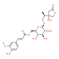ChemSpider 2D Image | (2R)-2-[(3S)-3-Hydroxy-5-oxotetrahydro-3-furanyl]propyl 6-O-[(2E)-3-(4-hydroxy-3-methoxyphenyl)-2-propenoyl]-beta-D-glucopyranoside | C23H30O12