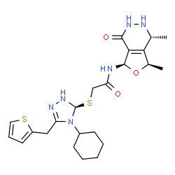 ChemSpider 2D Image | 2-{[(5S)-4-Cyclohexyl-3-(2-thienylmethyl)-4,5-dihydro-1H-1,2,4-triazol-5-yl]sulfanyl}-N-[(1R,5R,7R)-1,7-dimethyl-4-oxo-1,2,3,4,5,7-hexahydrofuro[3,4-d]pyridazin-5-yl]acetamide | C23H32N6O3S2
