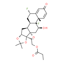 ChemSpider 2D Image | 2-[(4aS,4bS,5S,6aR,6bR,9aR,10aS,10bR,12S)-4b,12-Difluoro-5-hydroxy-4a,6a,8,8-tetramethyl-2-oxo-2,4a,4b,5,6,6a,9a,10,10a,10b,11,12-dodecahydro-6bH-naphtho[2',1':4,5]indeno[1,2-d][1,3]dioxol-6b-yl]-2-ox
oethyl propionate | C27H34F2O7