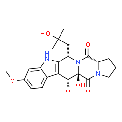 ChemSpider 2D Image | (5aR,6R,12S,14aS)-5a,6-Dihydroxy-12-(2-hydroxy-2-methylpropyl)-9-methoxy-1,2,3,5a,6,11,12,14a-octahydro-5H,14H-pyrrolo[1'',2'':4',5']pyrazino[1',2':1,6]pyrido[3,4-b]indole-5,14-dione | C22H27N3O6