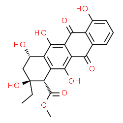 ChemSpider 2D Image | Methyl (1S,2S,4S)-2-ethyl-2,4,5,7,12-pentahydroxy-6,11-dioxo-1,2,3,4,6,11-hexahydro-1-tetracenecarboxylate | C22H20O9