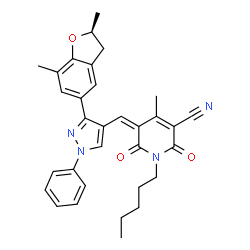 ChemSpider 2D Image | (5Z)-5-({3-[(2S)-2,7-Dimethyl-2,3-dihydro-1-benzofuran-5-yl]-1-phenyl-1H-pyrazol-4-yl}methylene)-4-methyl-2,6-dioxo-1-pentyl-1,2,5,6-tetrahydro-3-pyridinecarbonitrile | C32H32N4O3