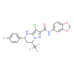 ChemSpider 2D Image | (5R,7S)-N-(1,3-Benzodioxol-5-yl)-3-chloro-5-(4-fluorophenyl)-7-(trifluoromethyl)-4,5,6,7-tetrahydropyrazolo[1,5-a]pyrimidine-2-carboxamide | C21H15ClF4N4O3